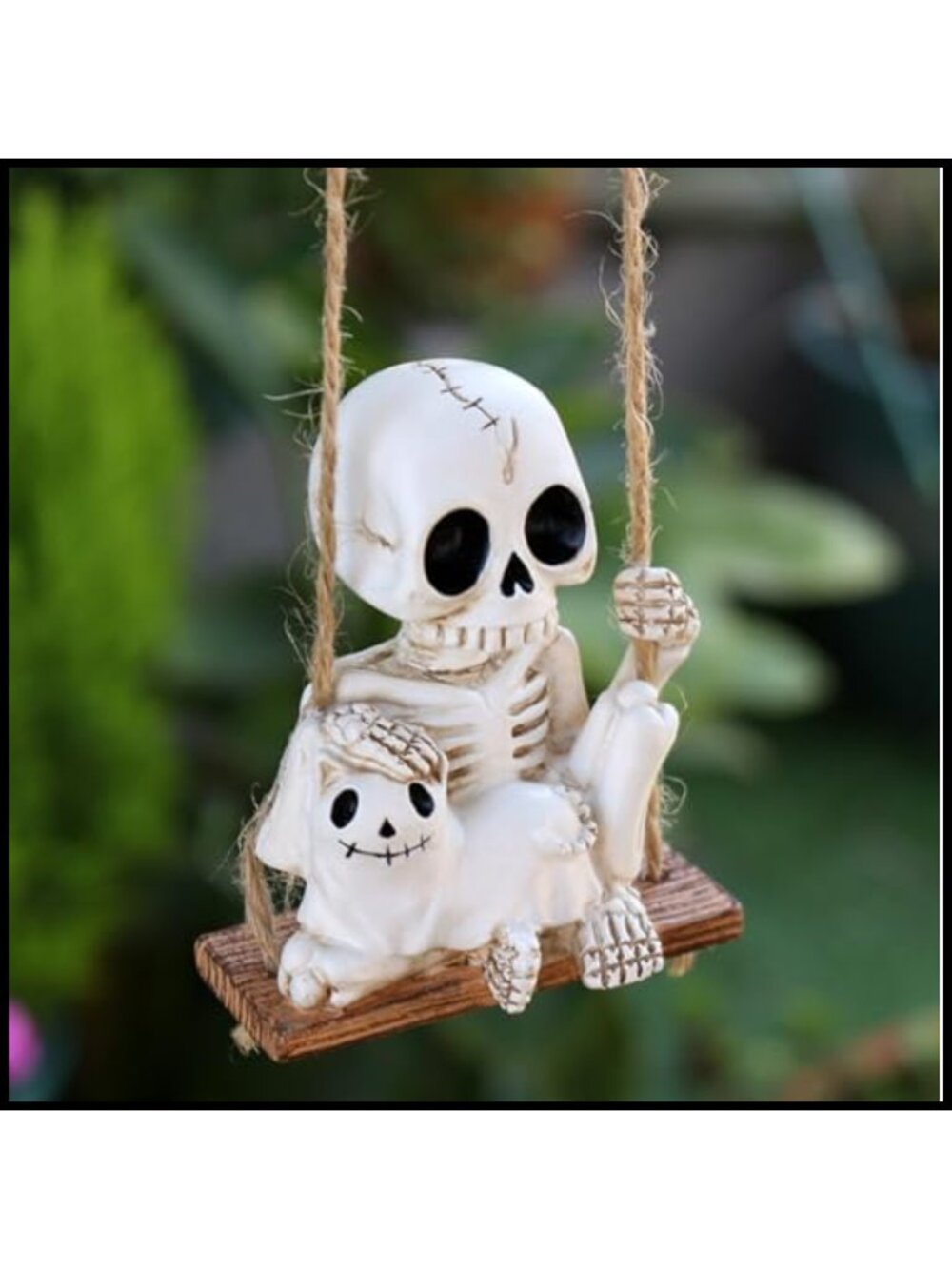 Swing Skeleton Holding Ghost Cat Garden Statue Resin Halloween Hanging
